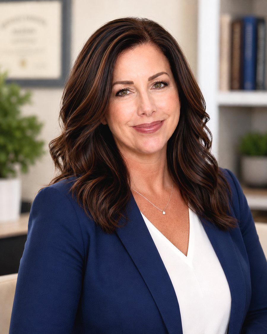Dr. Jacqueline, licensed psychologist and New York attorney, in a navy blazer